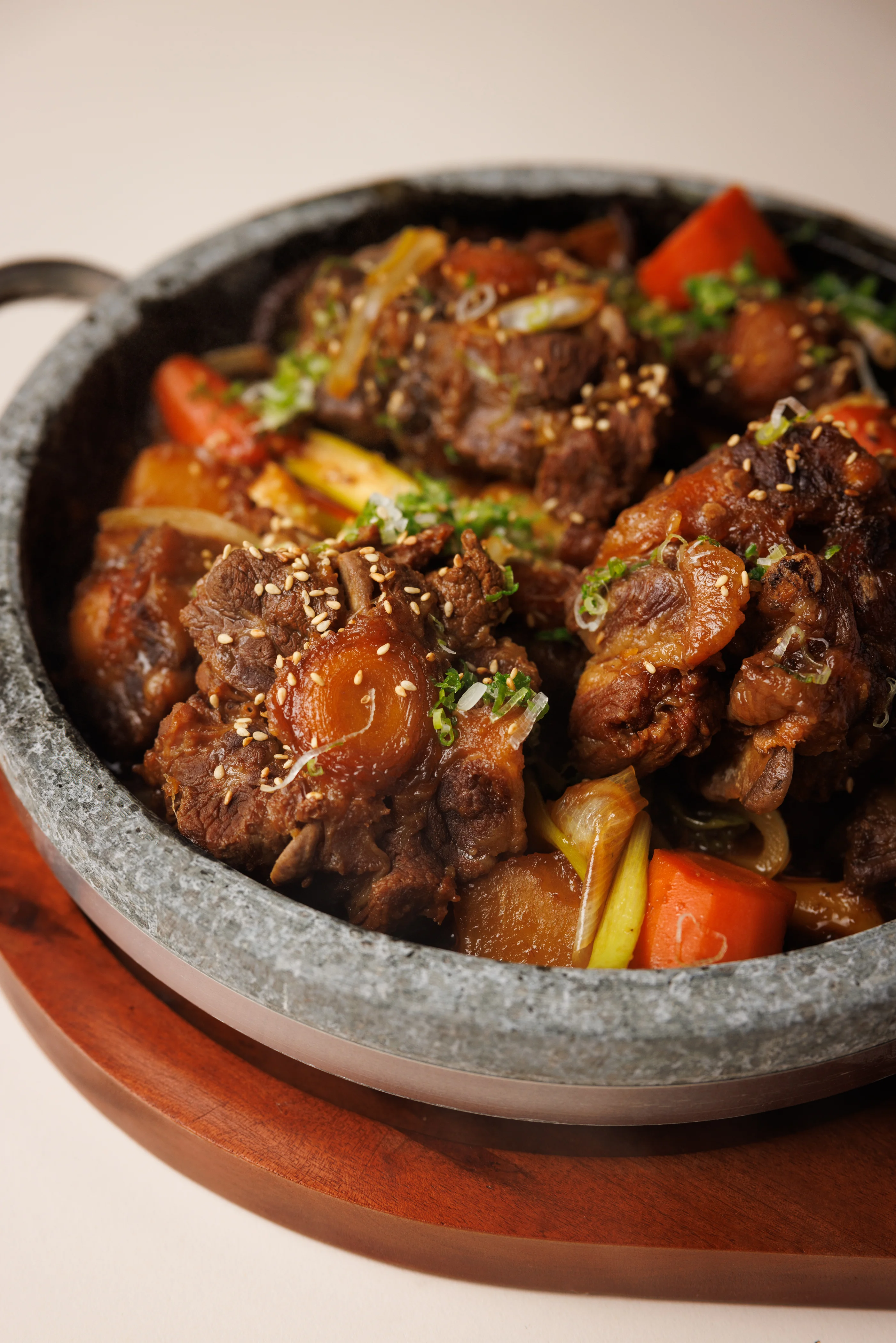 Korean braised short ribs in a stone pot