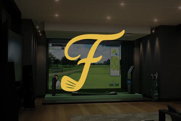 Indoor golf simulator setup in a modern lounge space.
