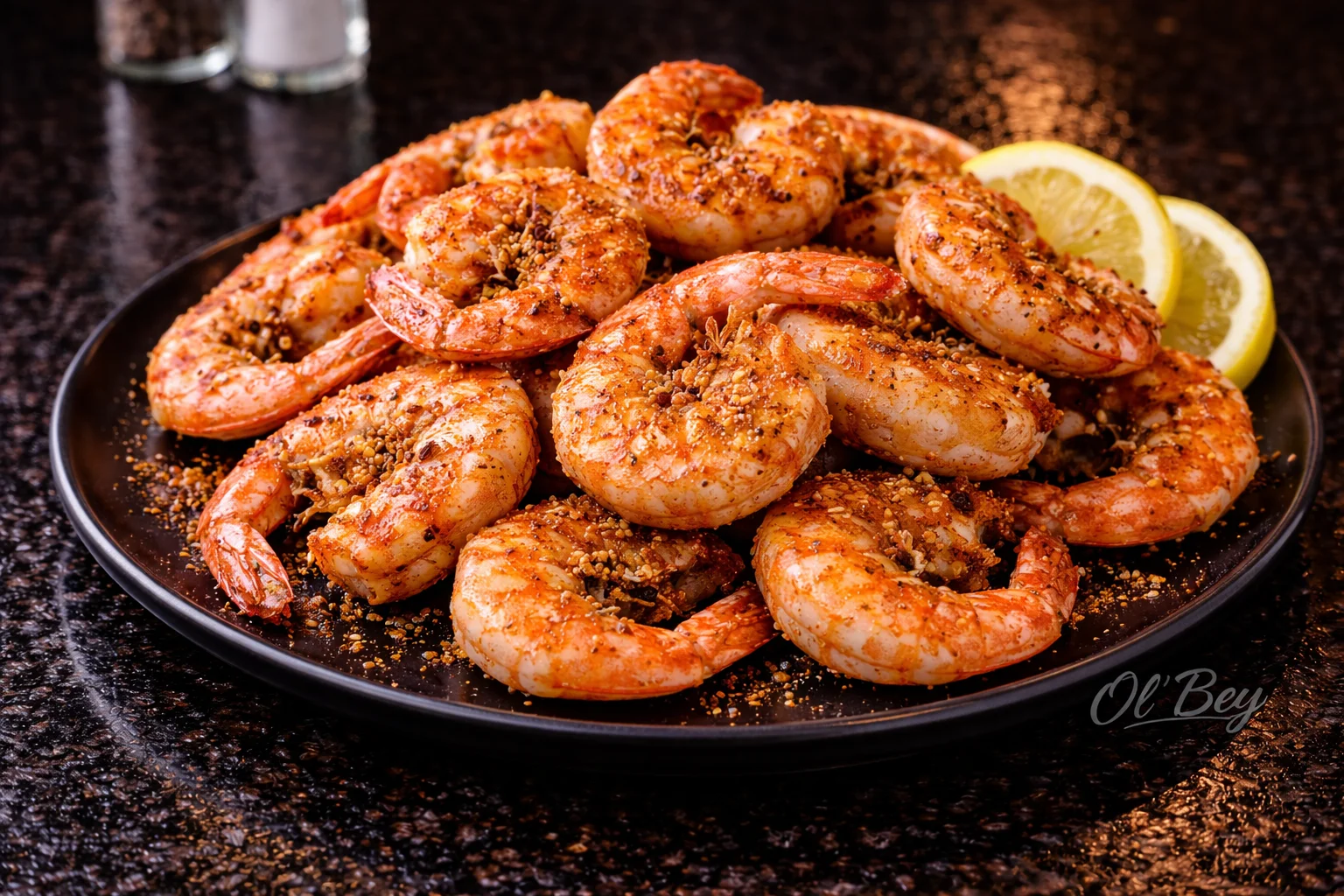 A generous serving of seasoned shrimp arranged on a black plate, complemented with lemon slices.