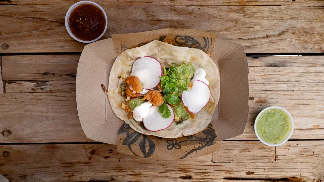 Authentic Mexican street taco with shrimp and fresh toppings
