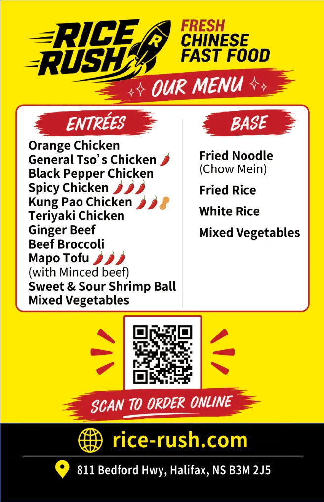 Chinese fast food restaurant menu with entrées, fried rice, noodles, and online ordering QR code