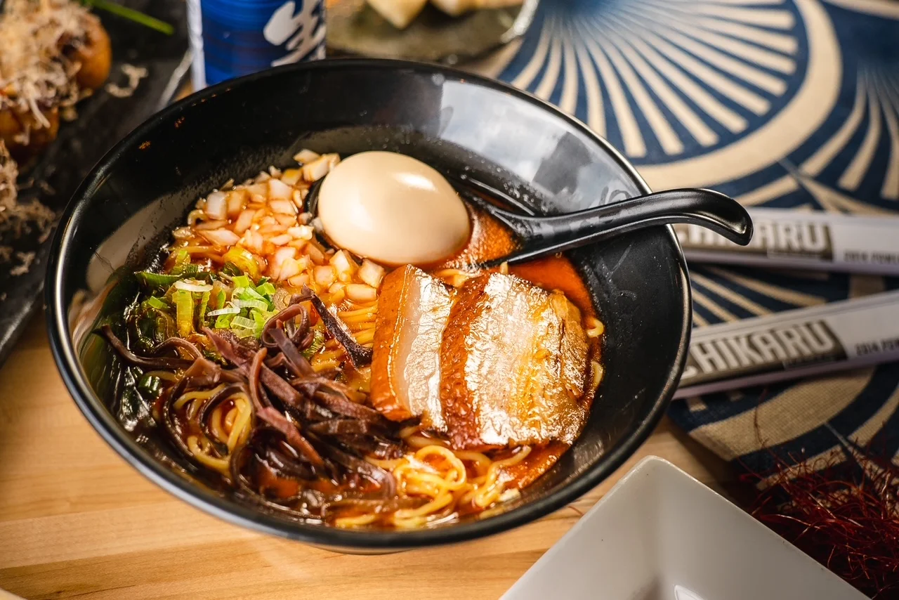 Japanese ramen bowl with chashu pork and soft-boiled egg