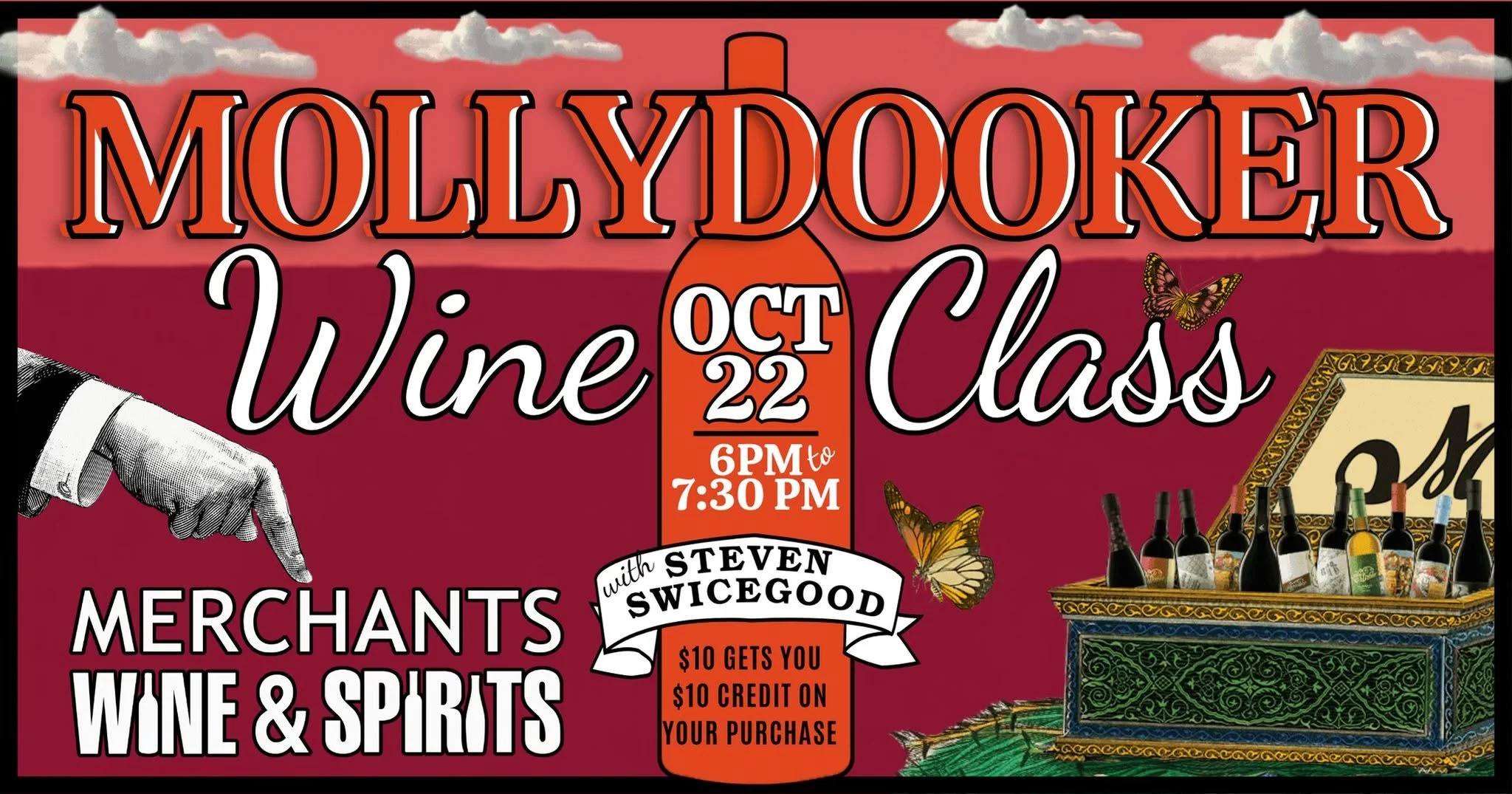 Wine tasting class poster with displayed wine bottles and botanical styling