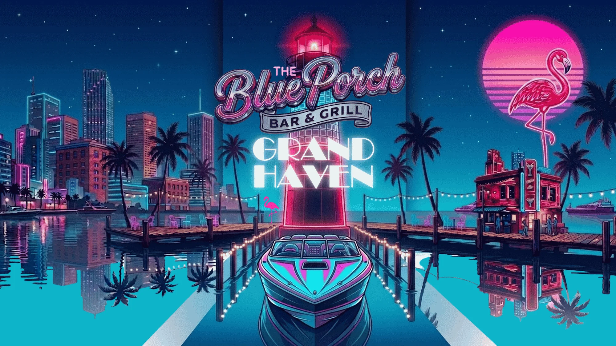 Vibrant illustration of The Blue Porch Bar & Grill in Grand Haven