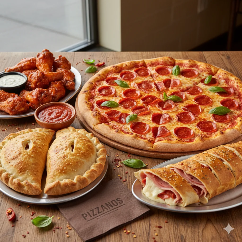 Pepperoni pizza with wings and calzones in a cozy restaurant setting