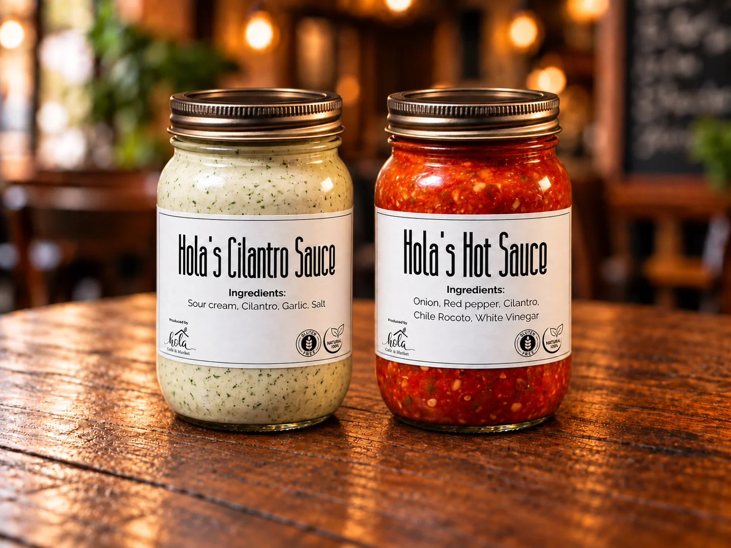 Two jars of cilantro sauce and hot sauce on a restaurant counter
