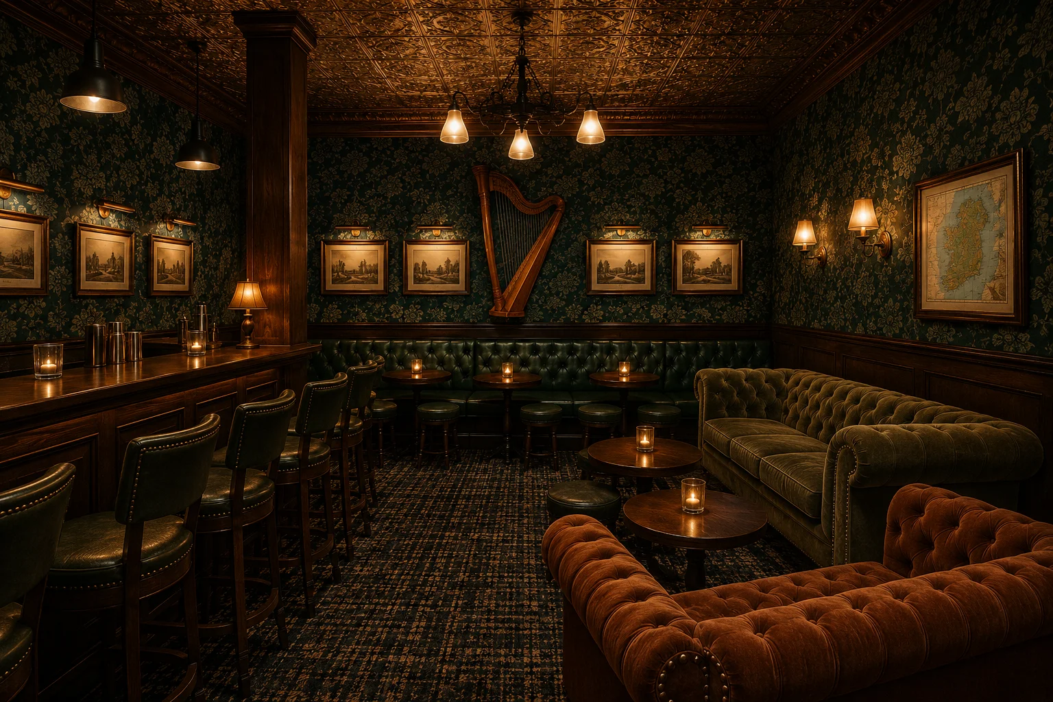 Cozy whiskey snug room with warm lighting and comfortable seating.