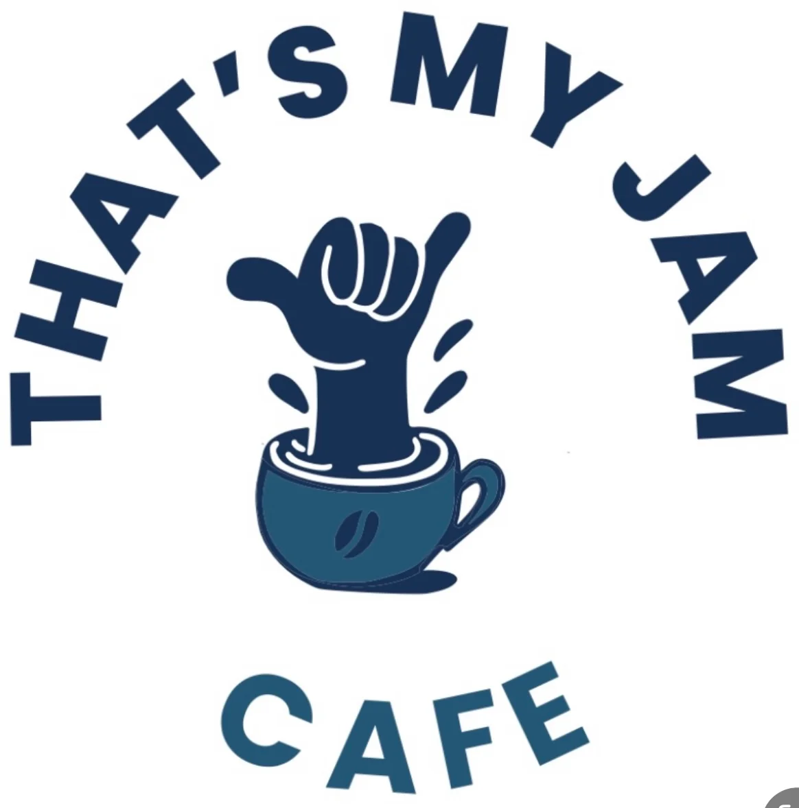 Logo of That's My Jam Cafe featuring a coffee cup and a thumbs up