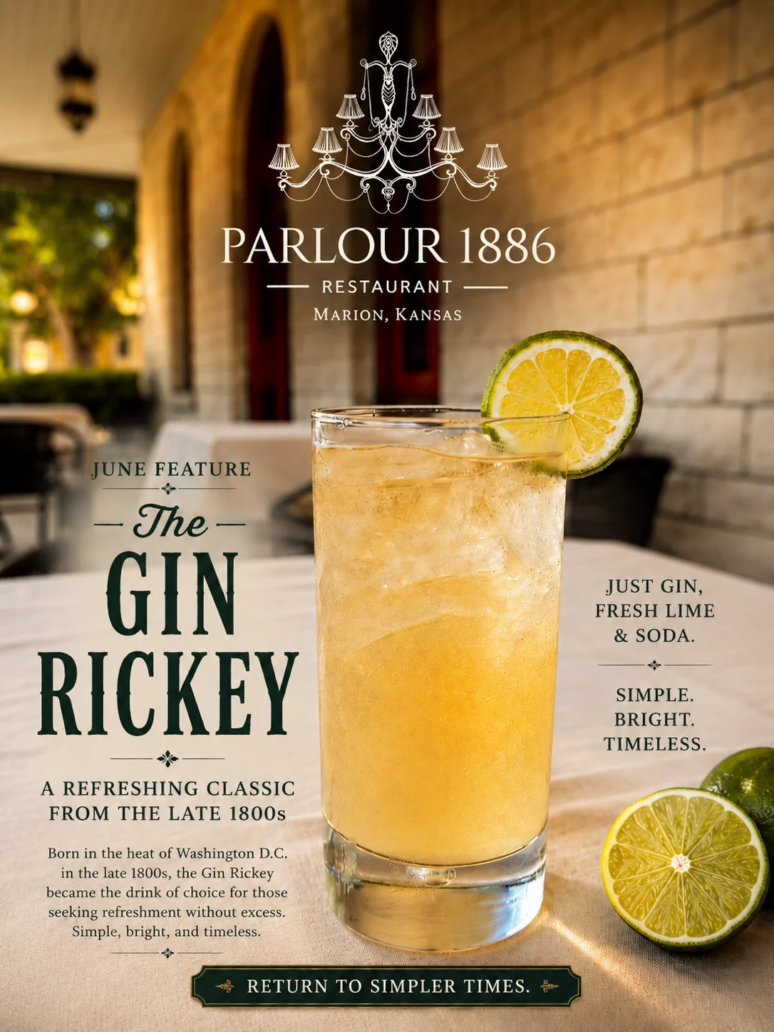 A refreshing Gin Rickey cocktail with lime at Parlour 1886 restaurant.