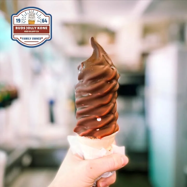Chocolate soft serve ice cream cone from a family-owned shop