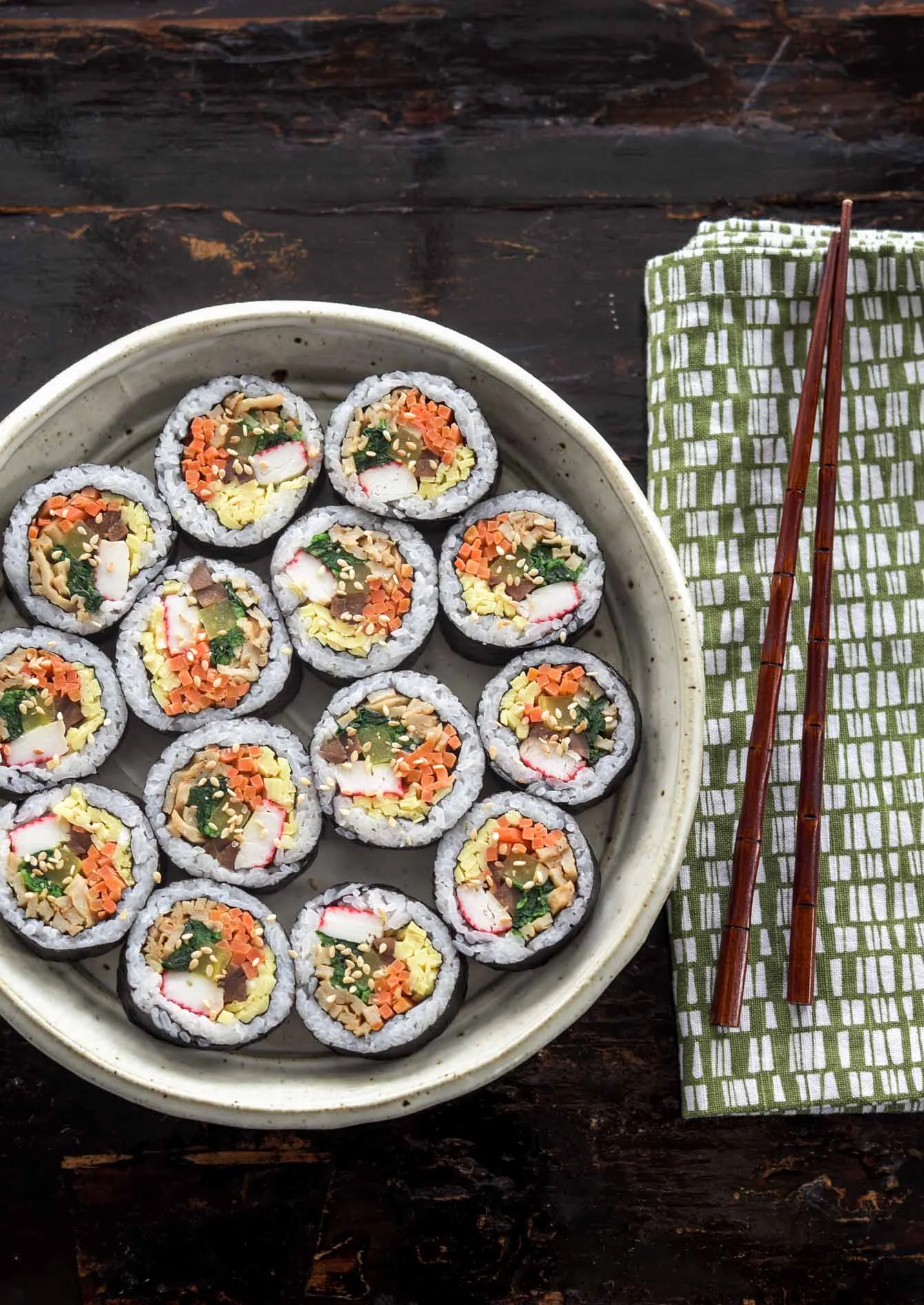 Korean gimbap rolls arranged in a bowl