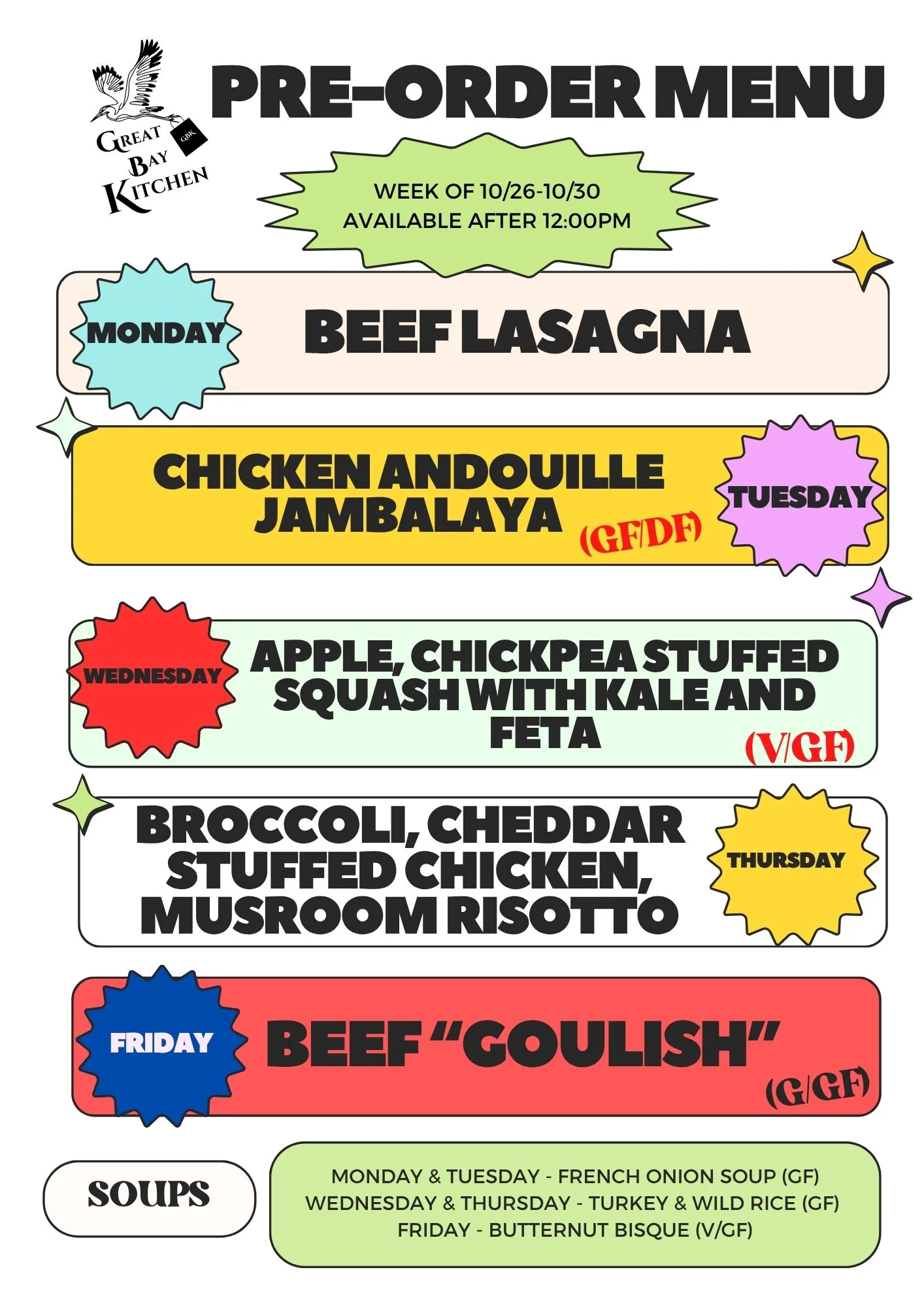 Weekly pre-order menu featuring diverse dishes