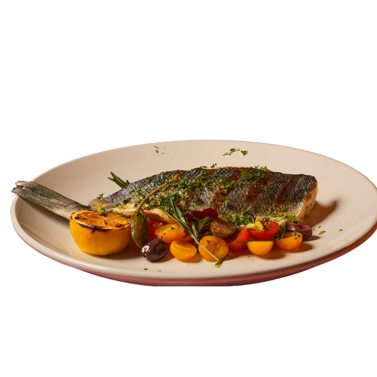 Grilled Mediterranean sea bass with vegetables