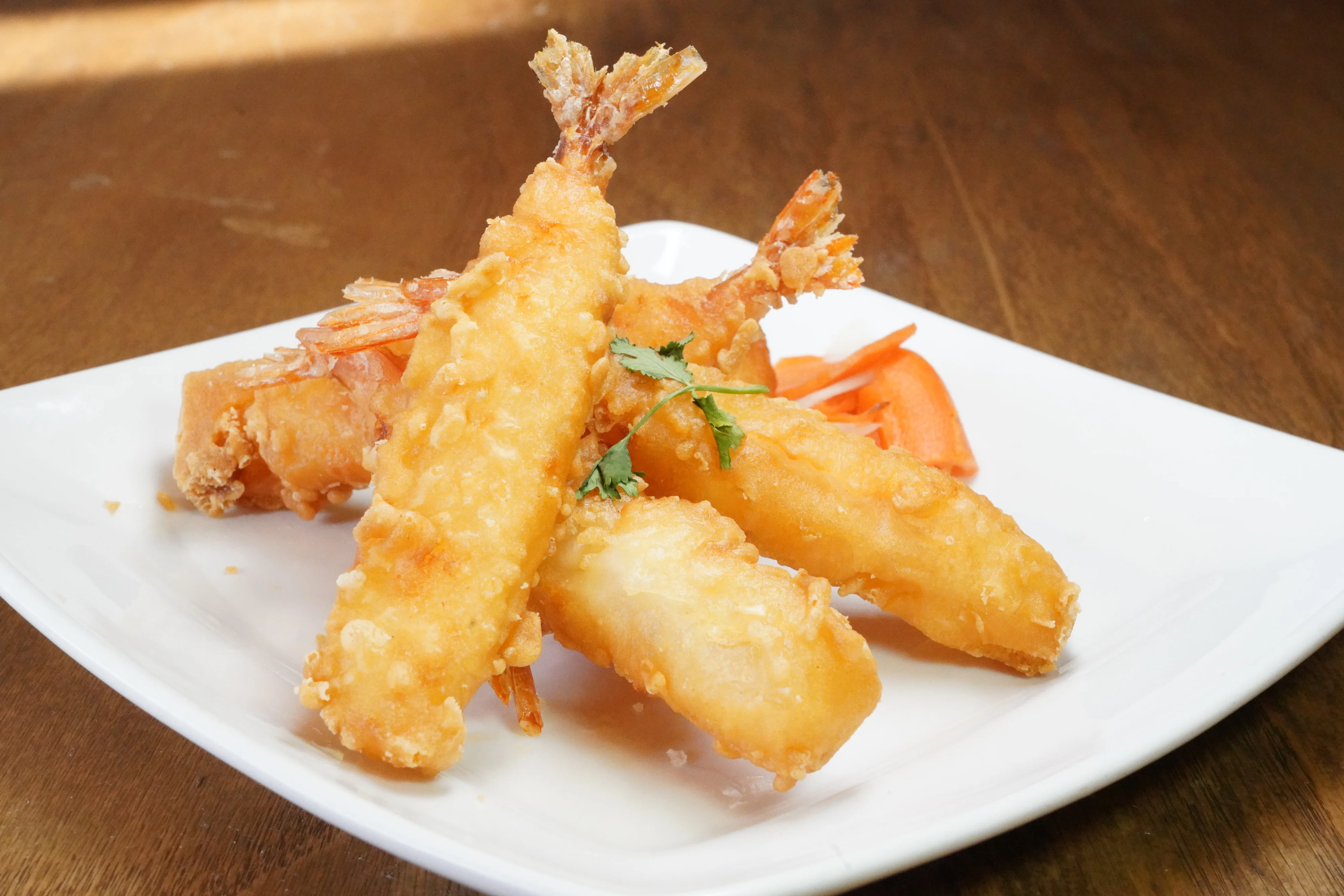 Crispy Japanese tempura shrimp with vegetables