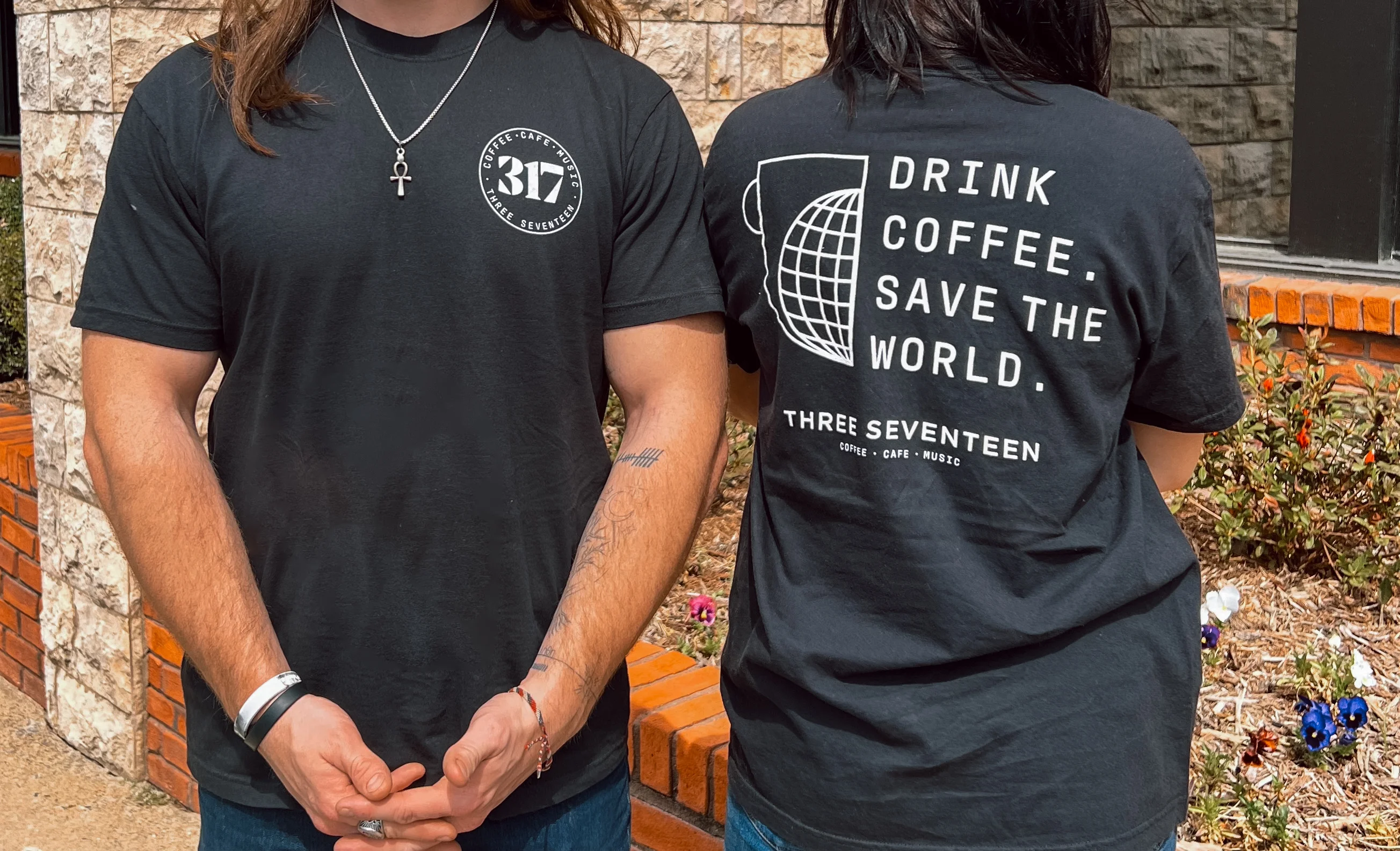 Black t-shirt with coffee-themed design promoting sustainability