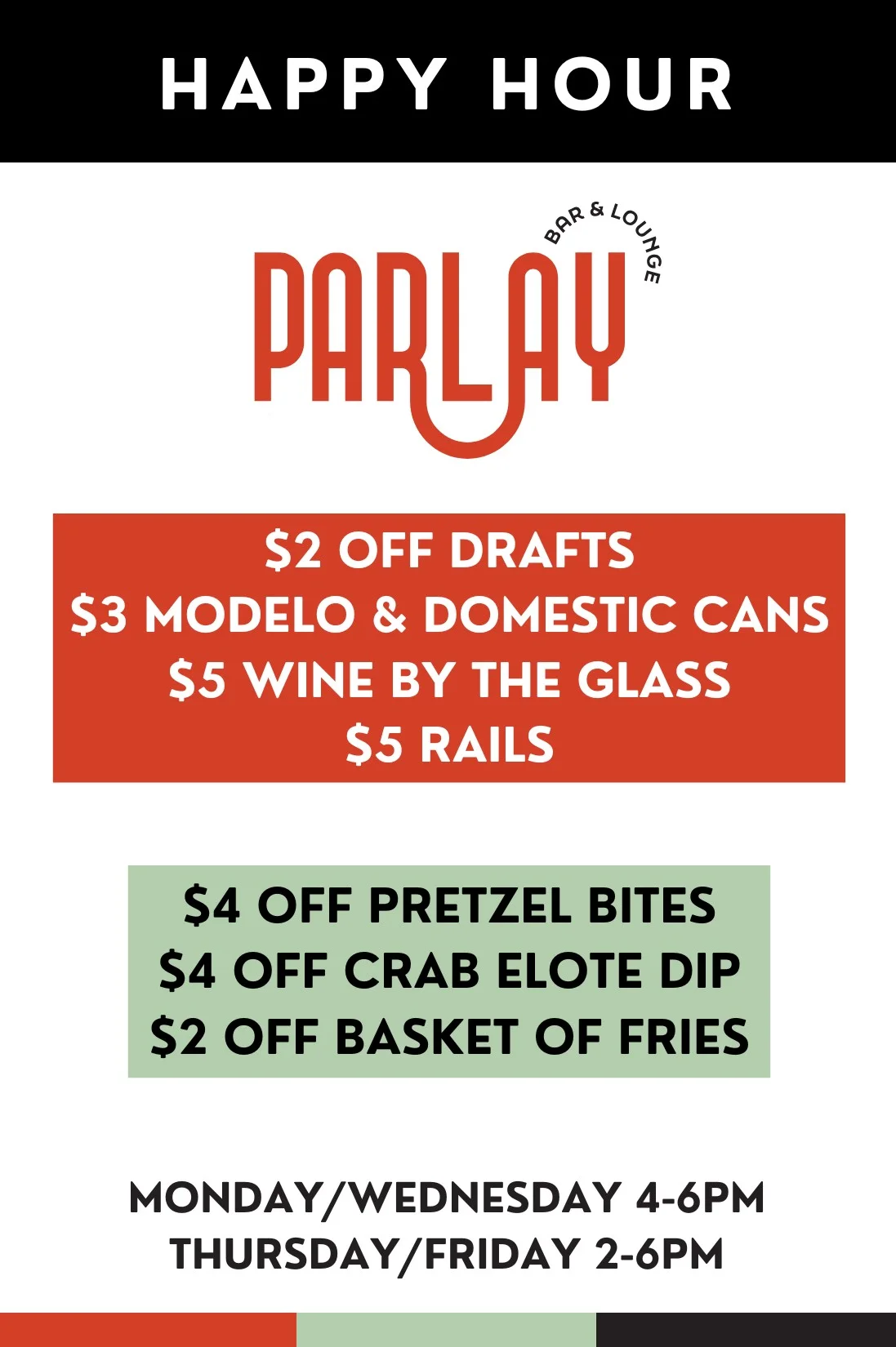 Happy hour specials at Parlay Bar & Lounge with drink and food discounts