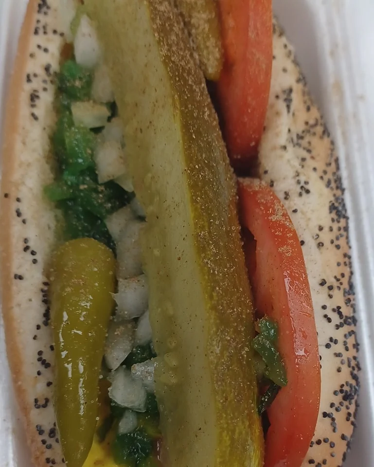 Chicago-style hot dog with fresh toppings