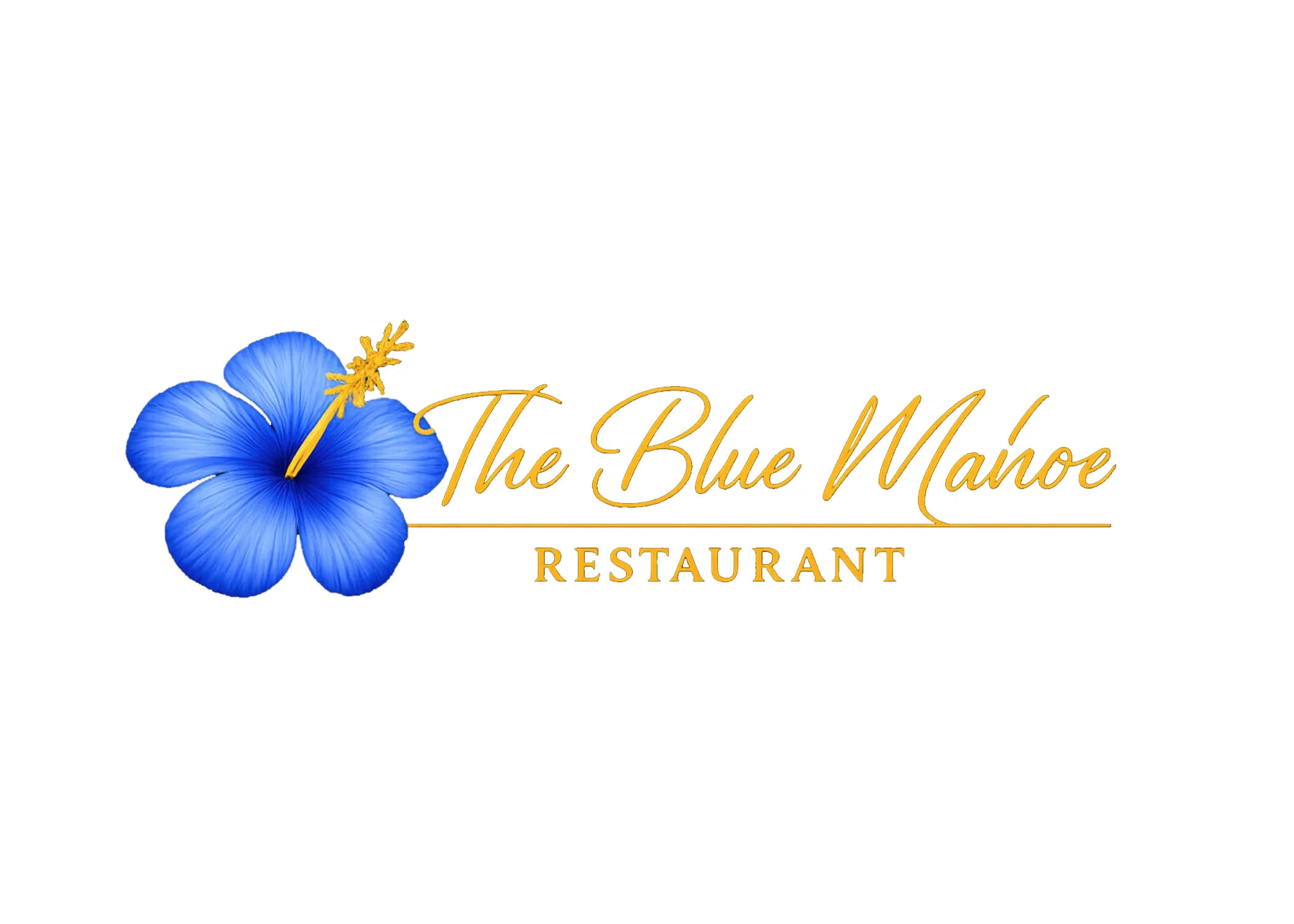 A logo design featuring a vibrant blue hibiscus flower alongside elegant text for 'The Blue Mahoe Restaurant'.