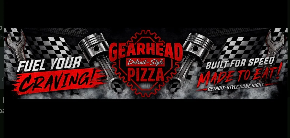 Gearhead Pizza logo with automotive theme and Detroit-style pizza emphasis
