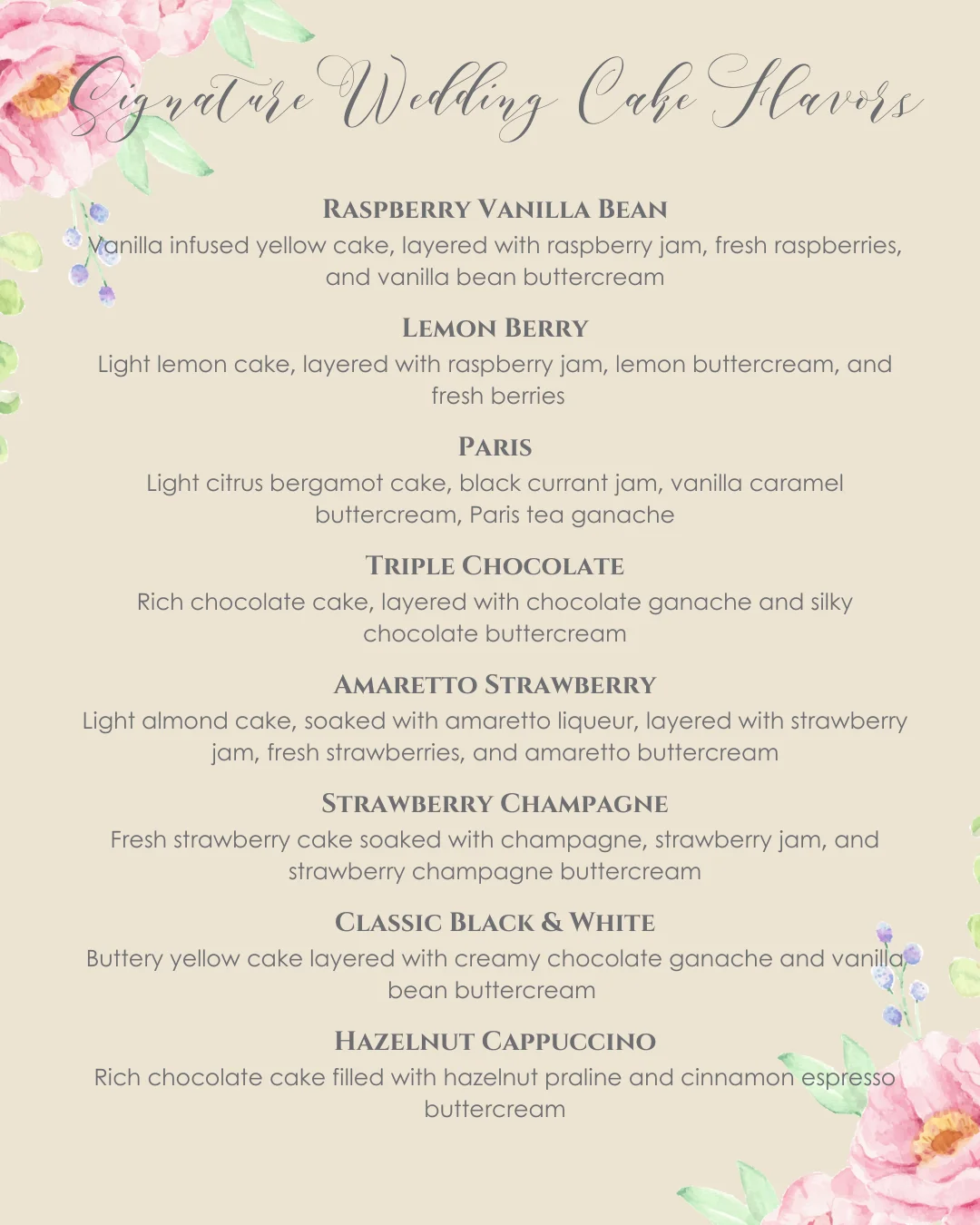 Elegant wedding cake flavor menu with floral design