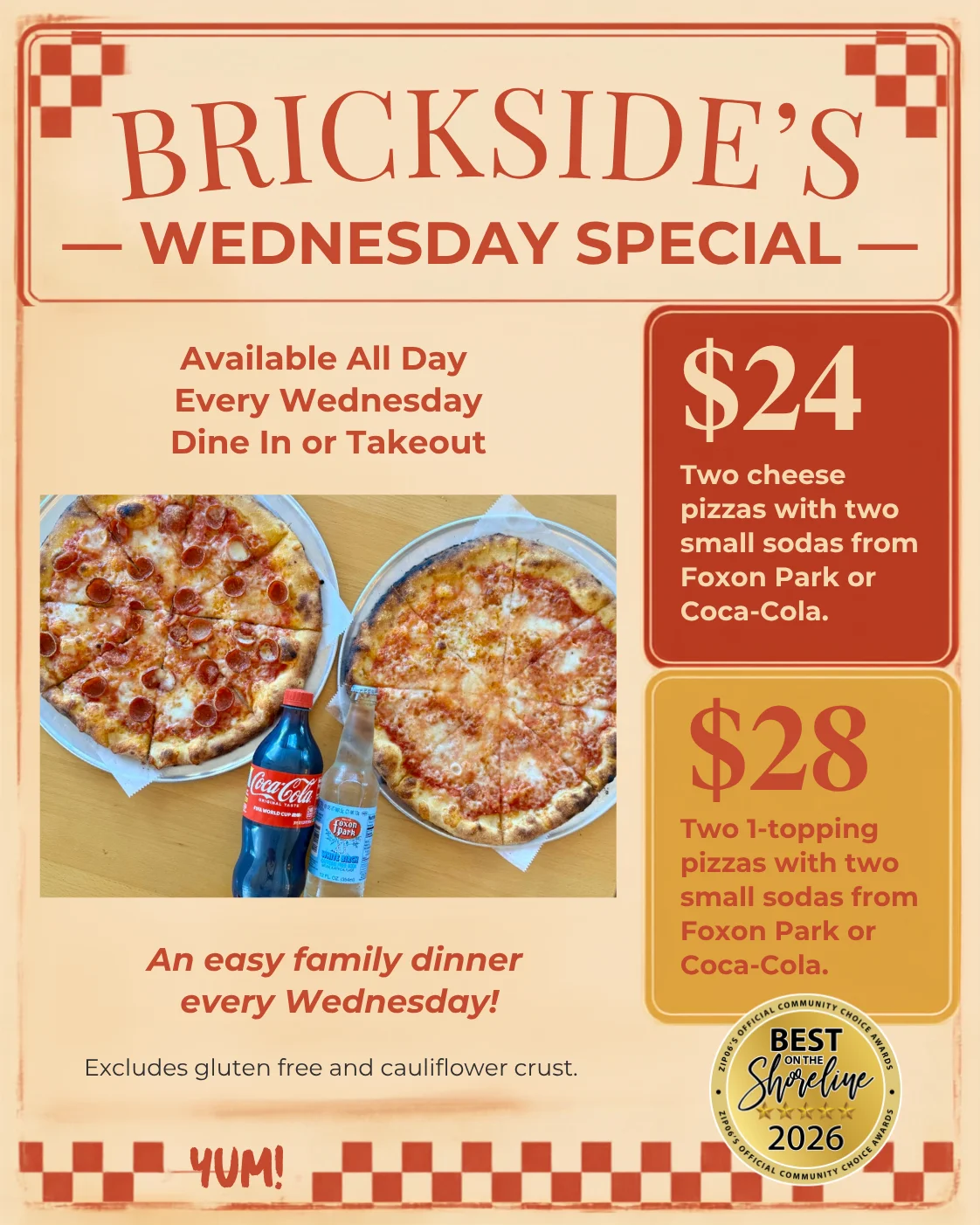 Two delicious pepperoni pizzas with sodas for a family dinner special
