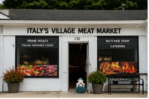 Exterior of Italy's Village Meat Market showcasing prime meats and butcher shop