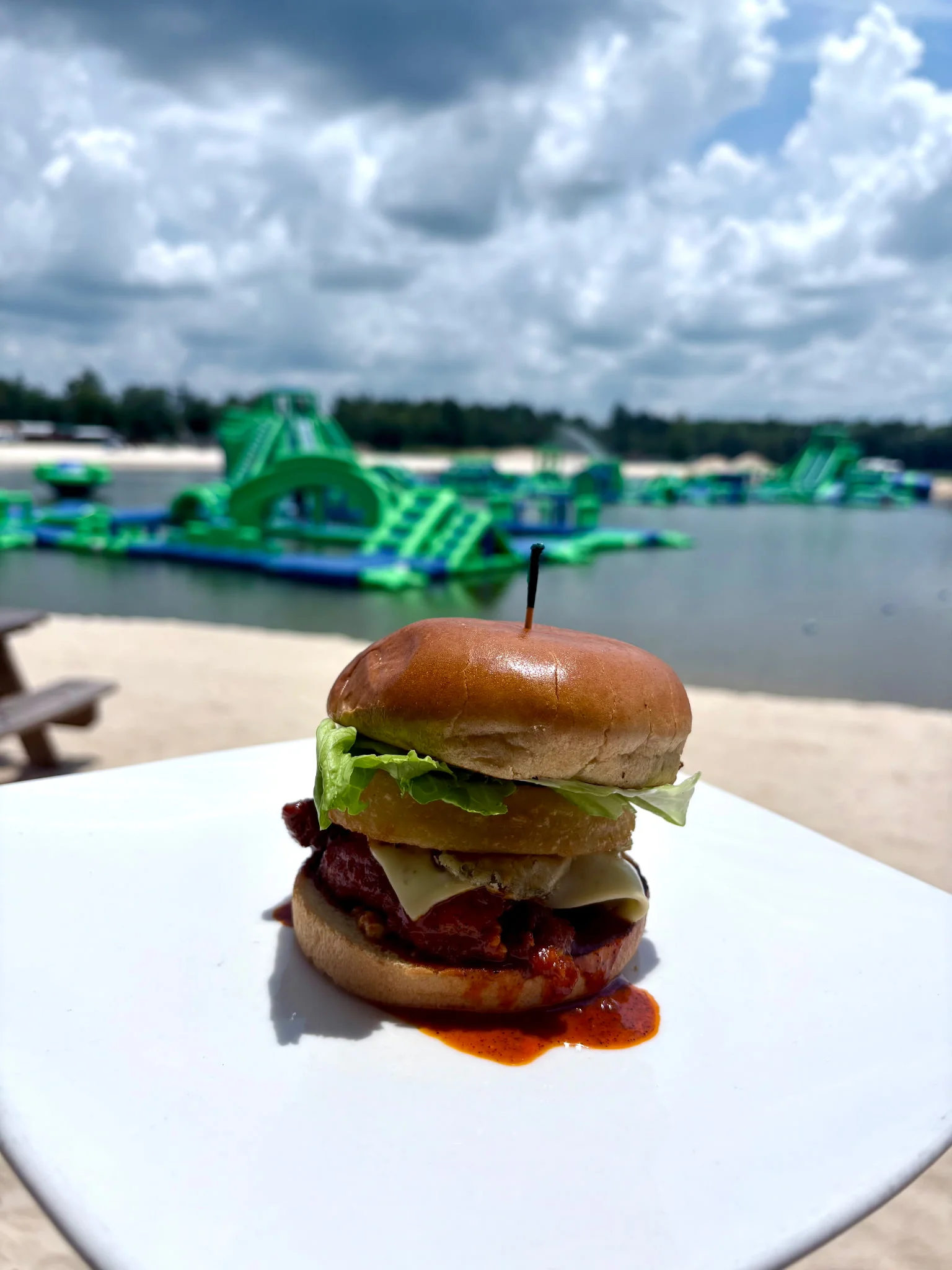 Delicious Southern fried chicken sandwich by the water