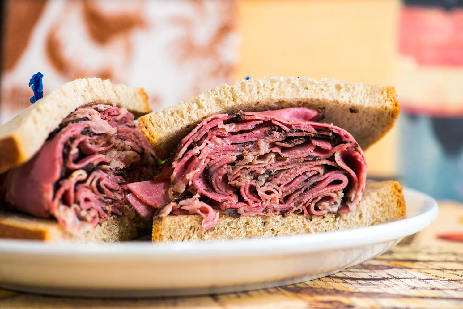 Classic pastrami sandwich on rye bread