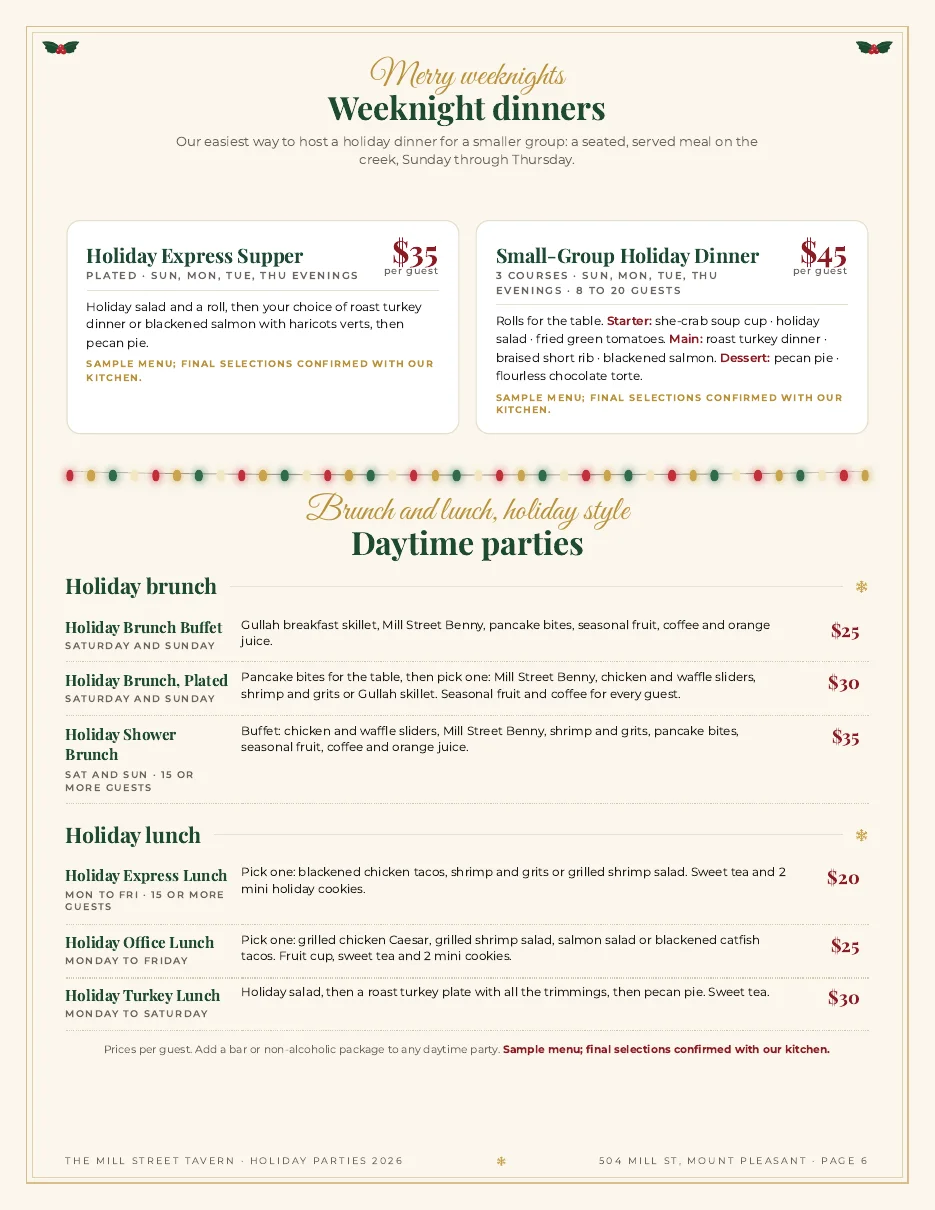 Mill Street Tavern holiday packages
