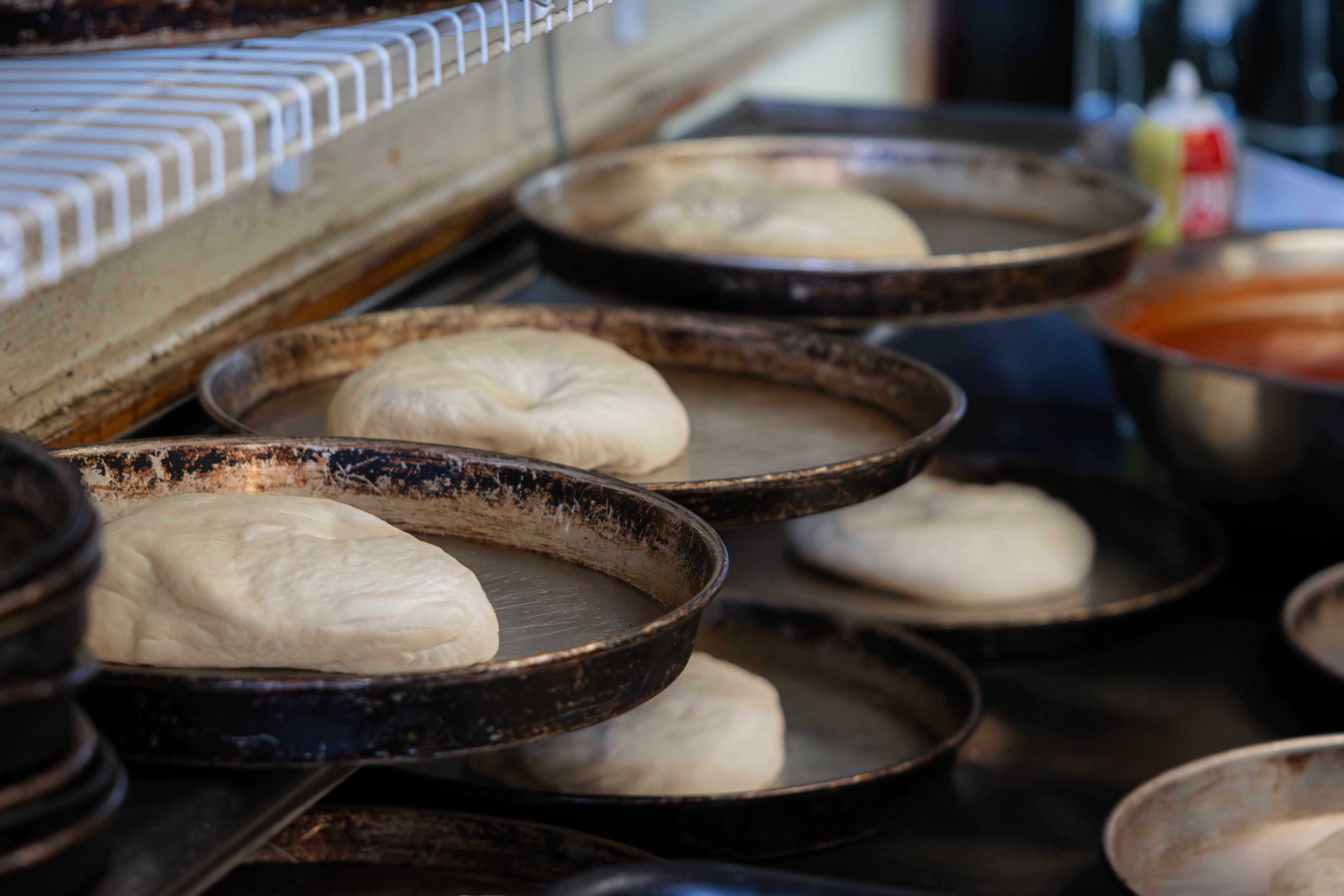 Freshly prepared pizza dough resting in trays