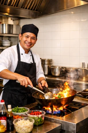 A restaurant chef preparing a dish
