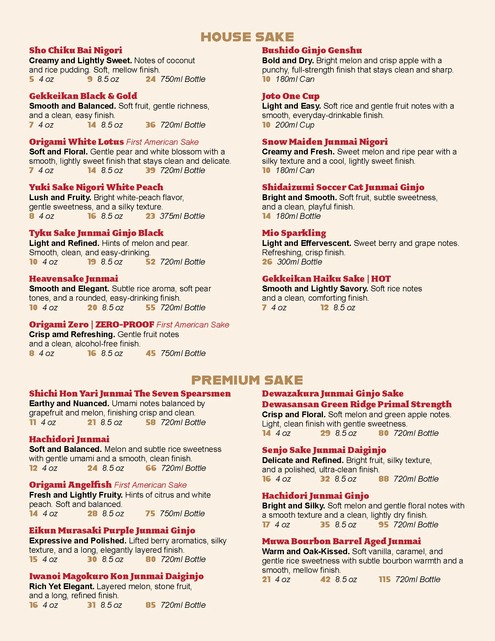 Sake menu featuring various types and descriptions of sake options.