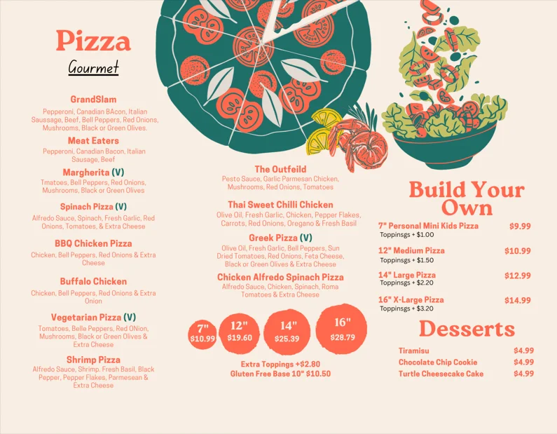 Gourmet pizza menu featuring various styles and toppings