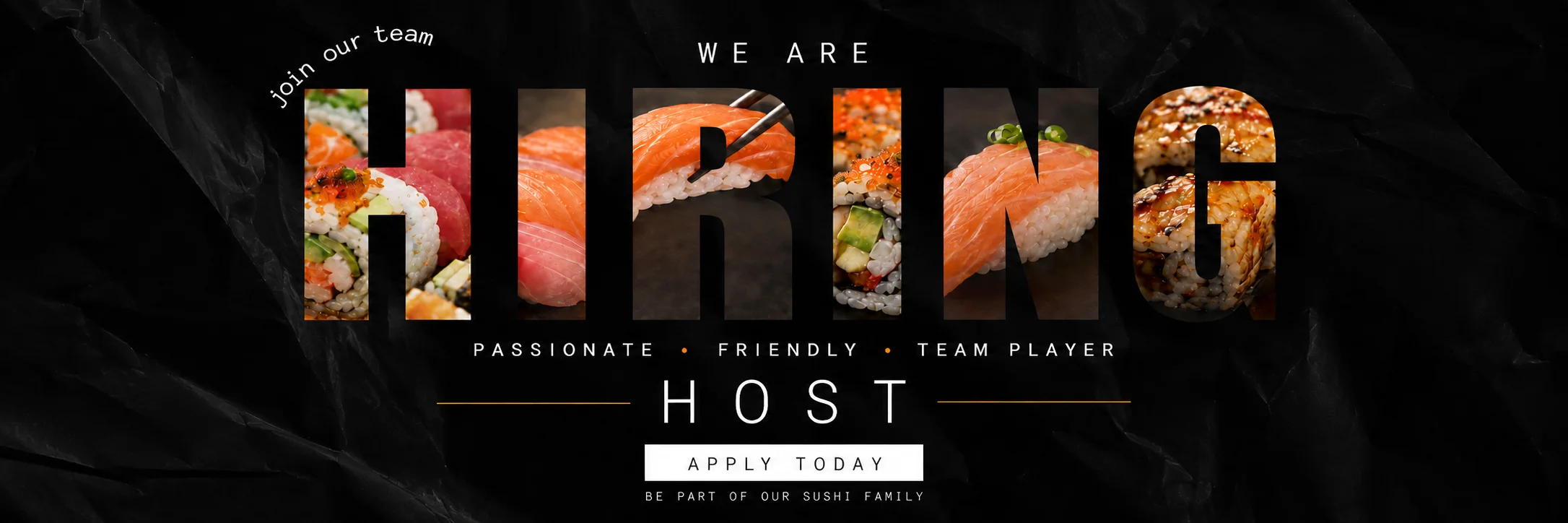 Hiring announcement for sushi restaurant with colorful sushi rolls