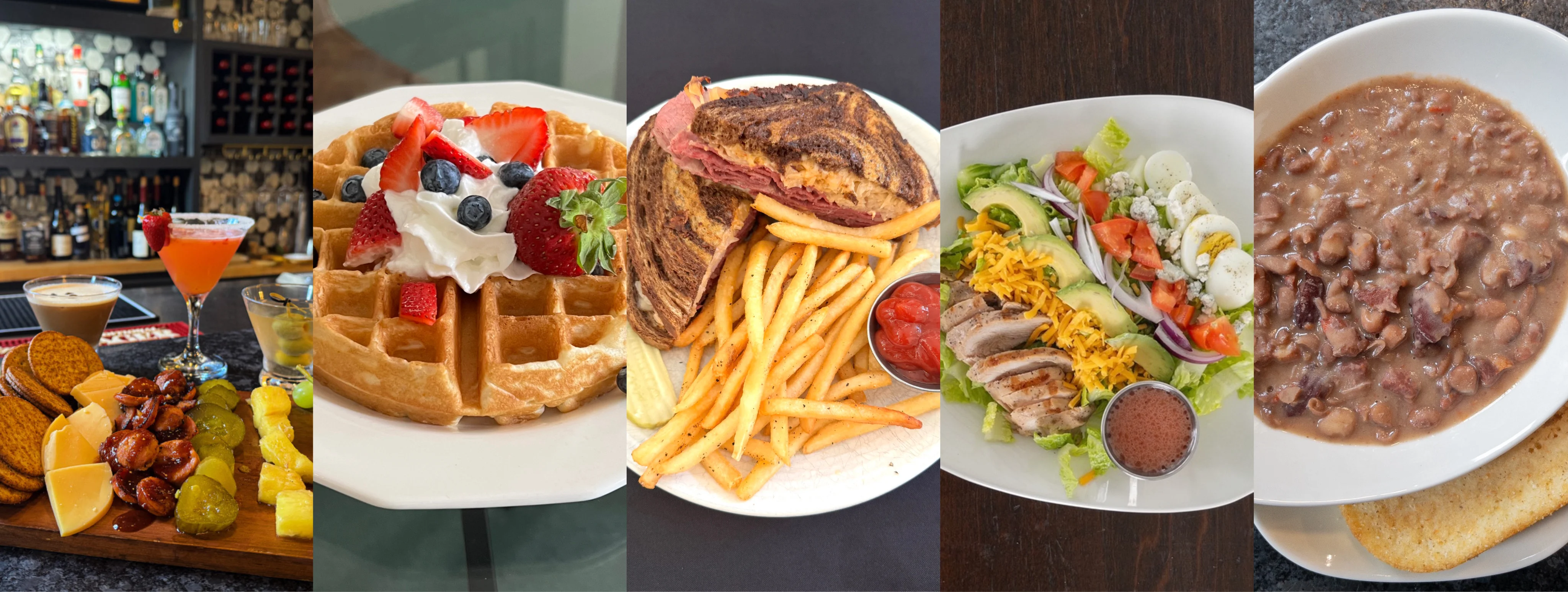 Variety of dishes including waffles, sandwiches, salad, and beans