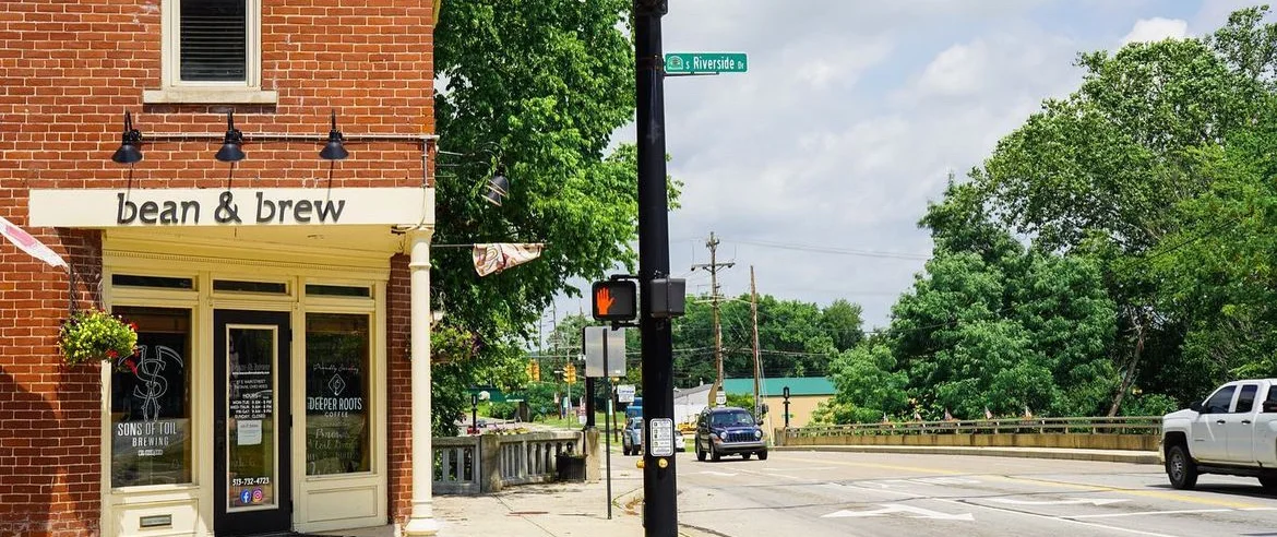 Charming café exterior with brick facade and street sign