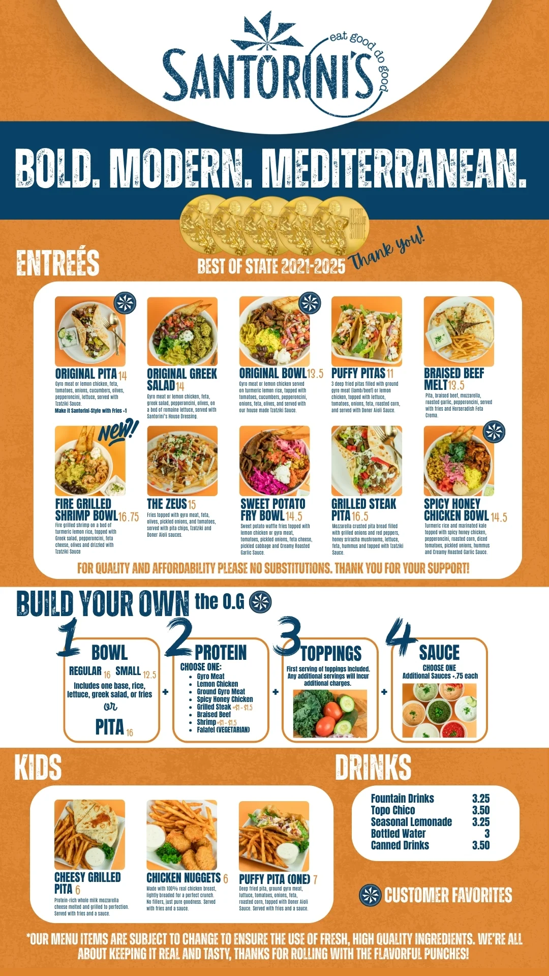 Santorini's Greek Grill full menu featuring build your own bowls gyros pitas kids meals and drinks