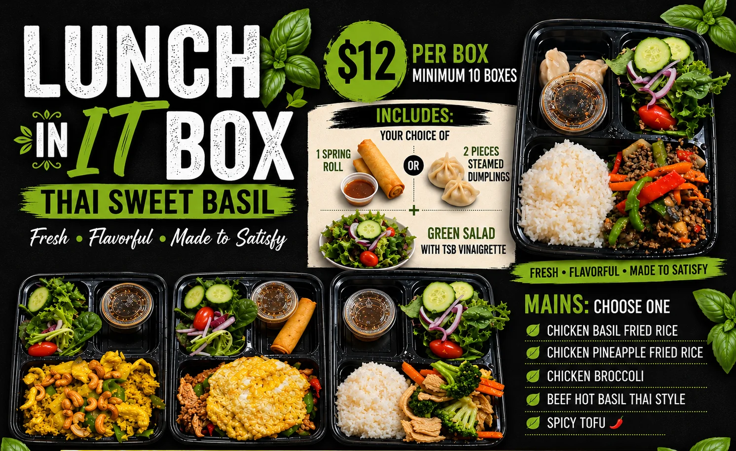 Thai Sweet Basil lunch boxes with rice, stir-fry, salad and spring rolls