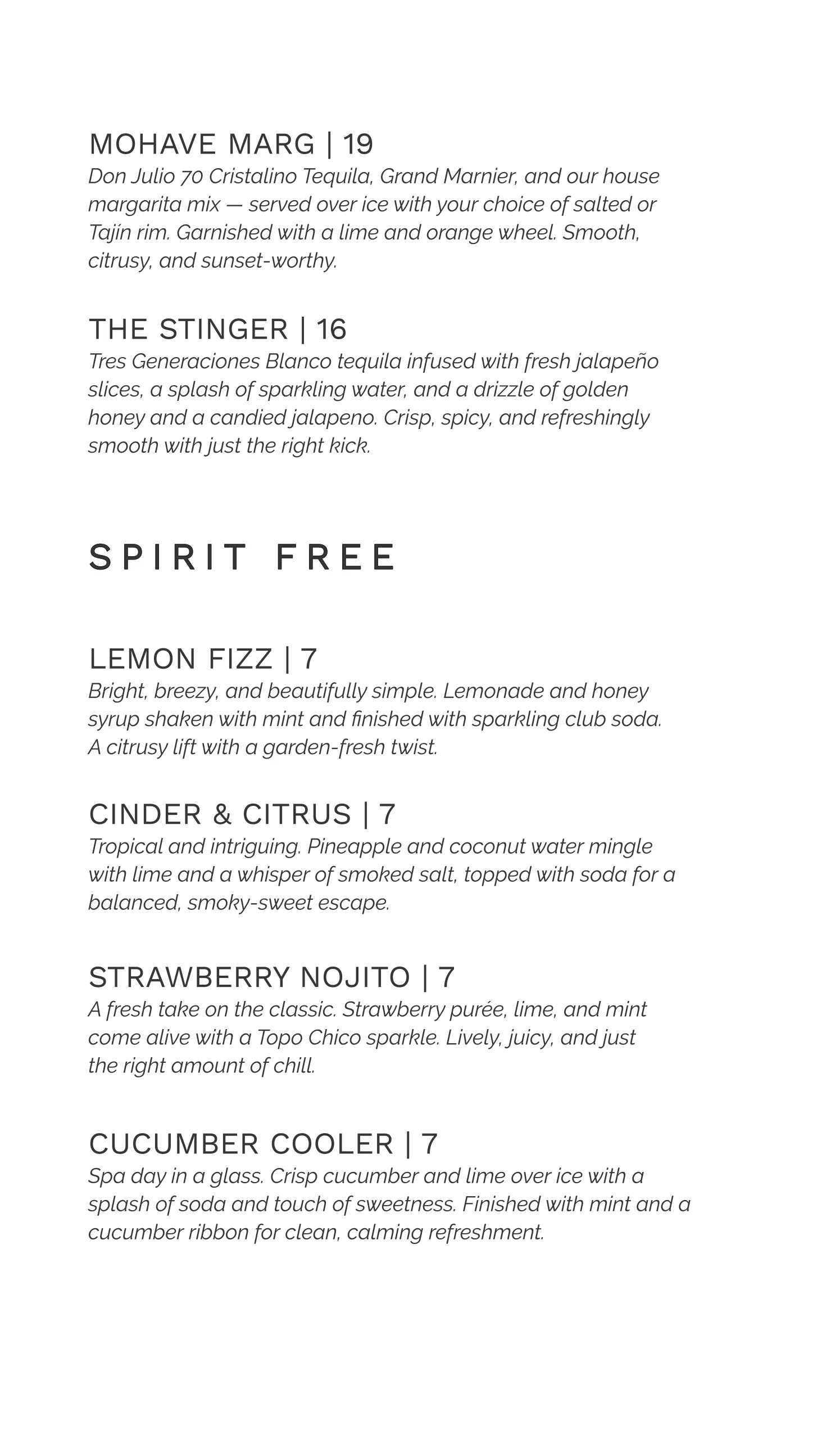Cocktail menu featuring vibrant drinks and refreshing mocktails