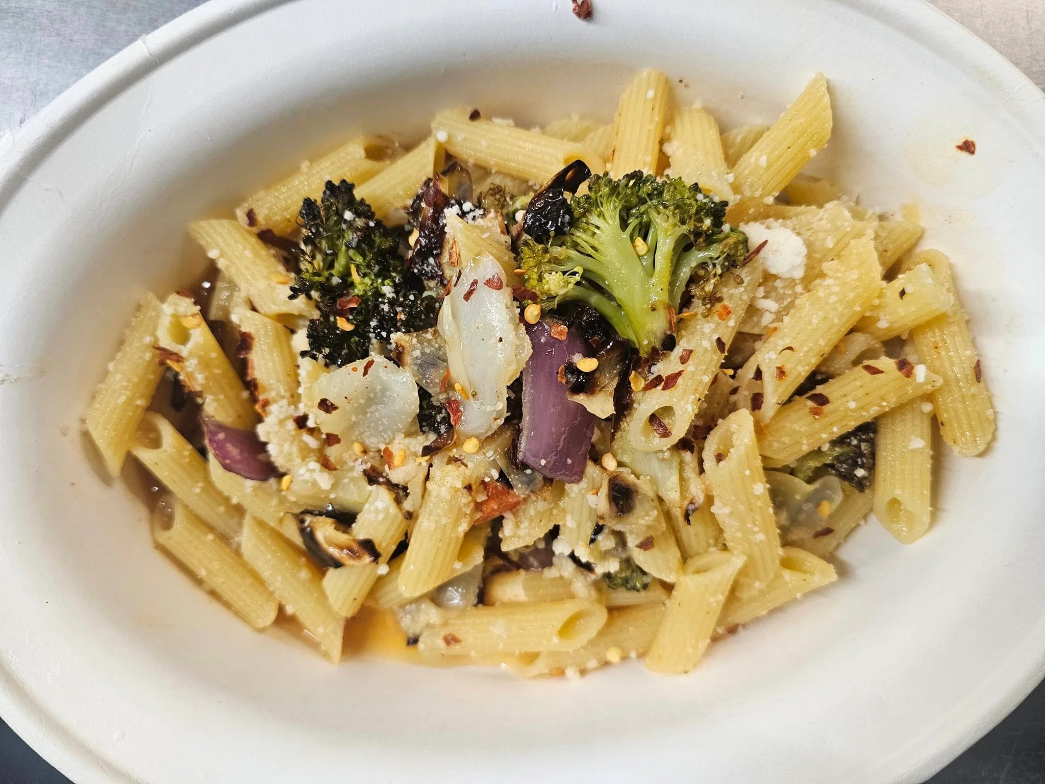 Penne pasta primavera with roasted vegetables