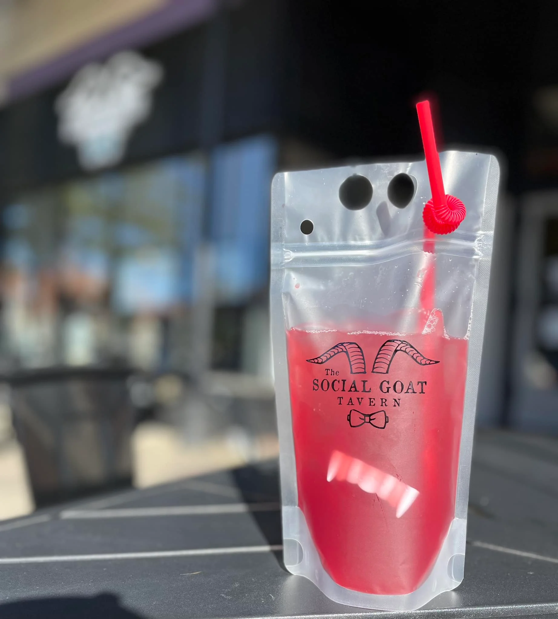 Refreshing cocktail in a pouch from The Social Goat Tavern