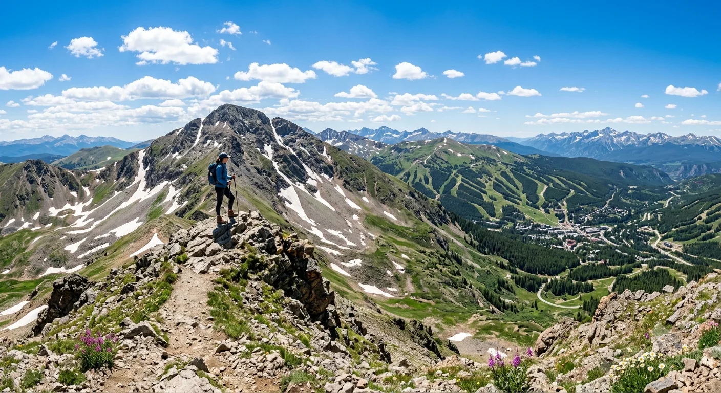 Hiker on mountain peak with stunning valley view