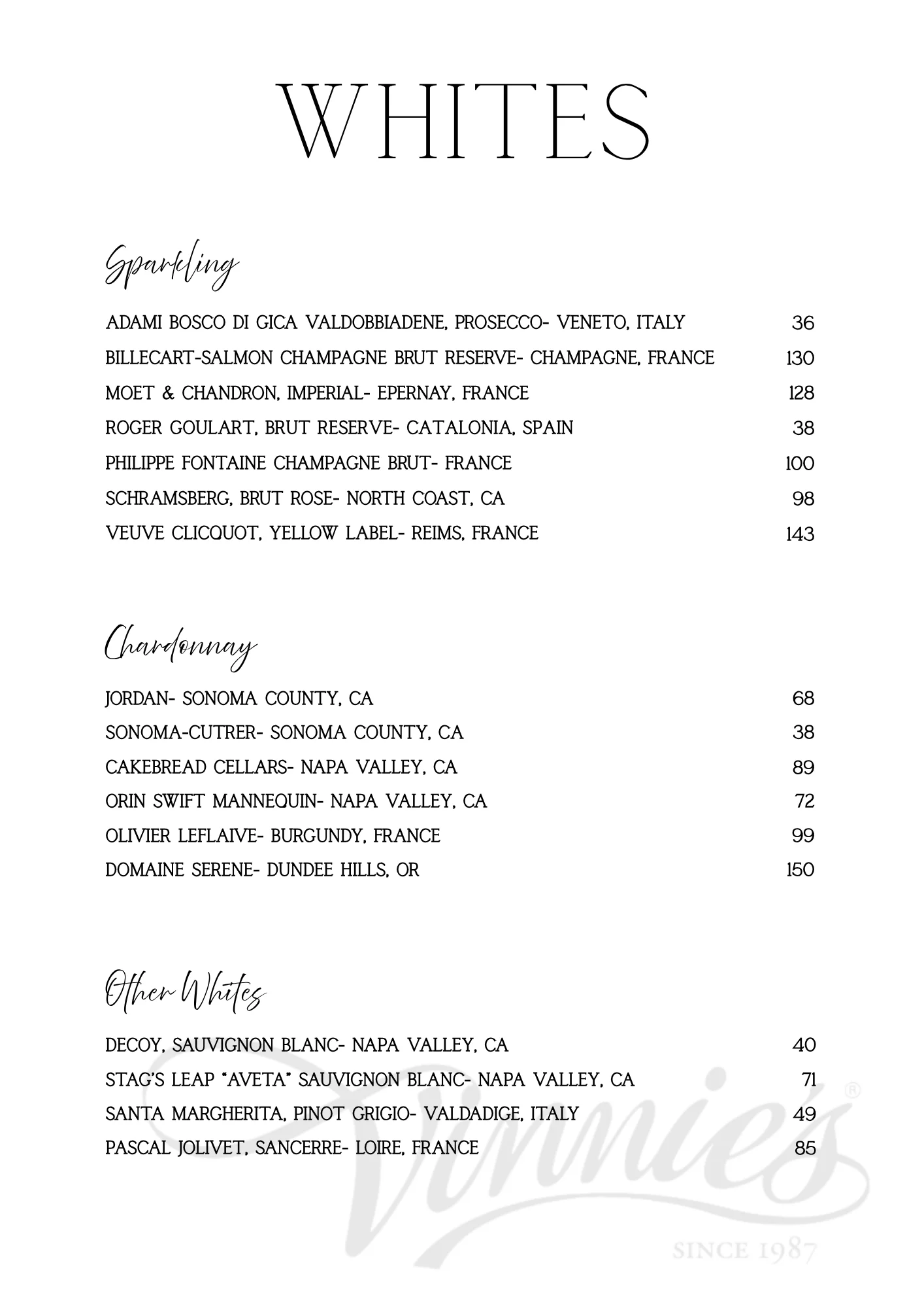 Wine list featuring sparkling and white wines from various regions