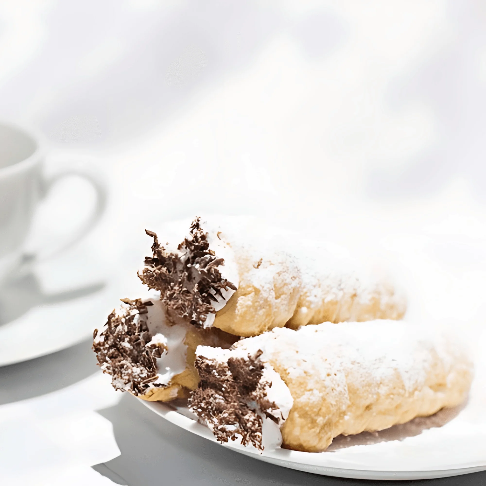 Italian cannoli with powdered sugar and chocolate shavings
