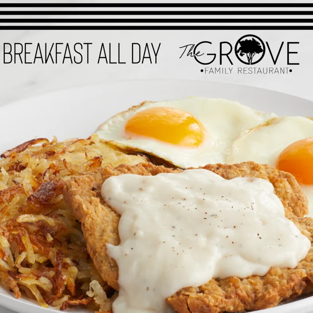 Southern-style chicken fried steak with eggs and hash browns
