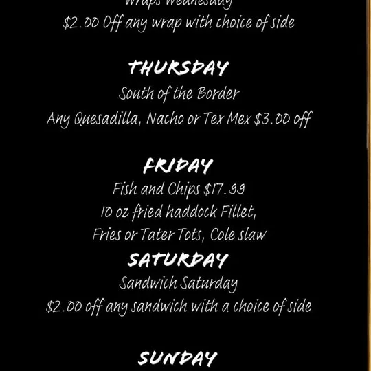 Weekly restaurant specials menu with diverse cuisine offerings
