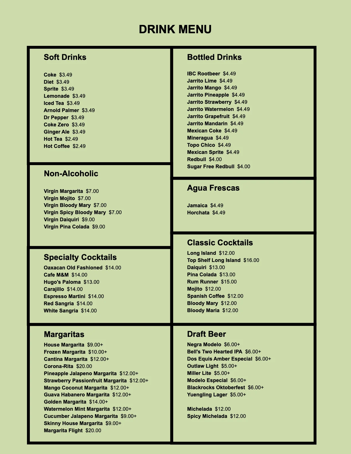 Comprehensive drink menu featuring cocktails, soft drinks, and specialty beverages
