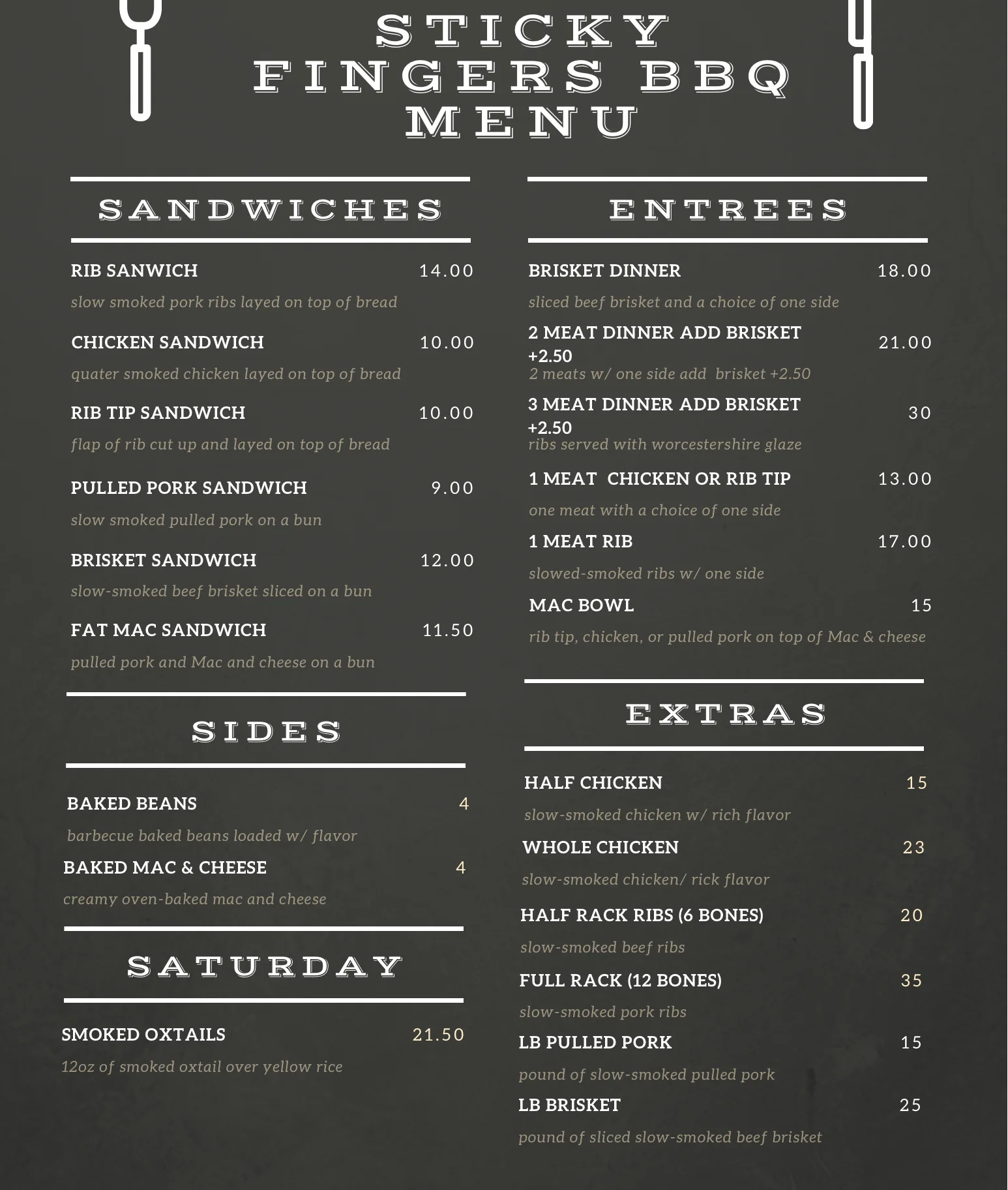 Barbecue menu featuring smoked ribs and chicken dishes