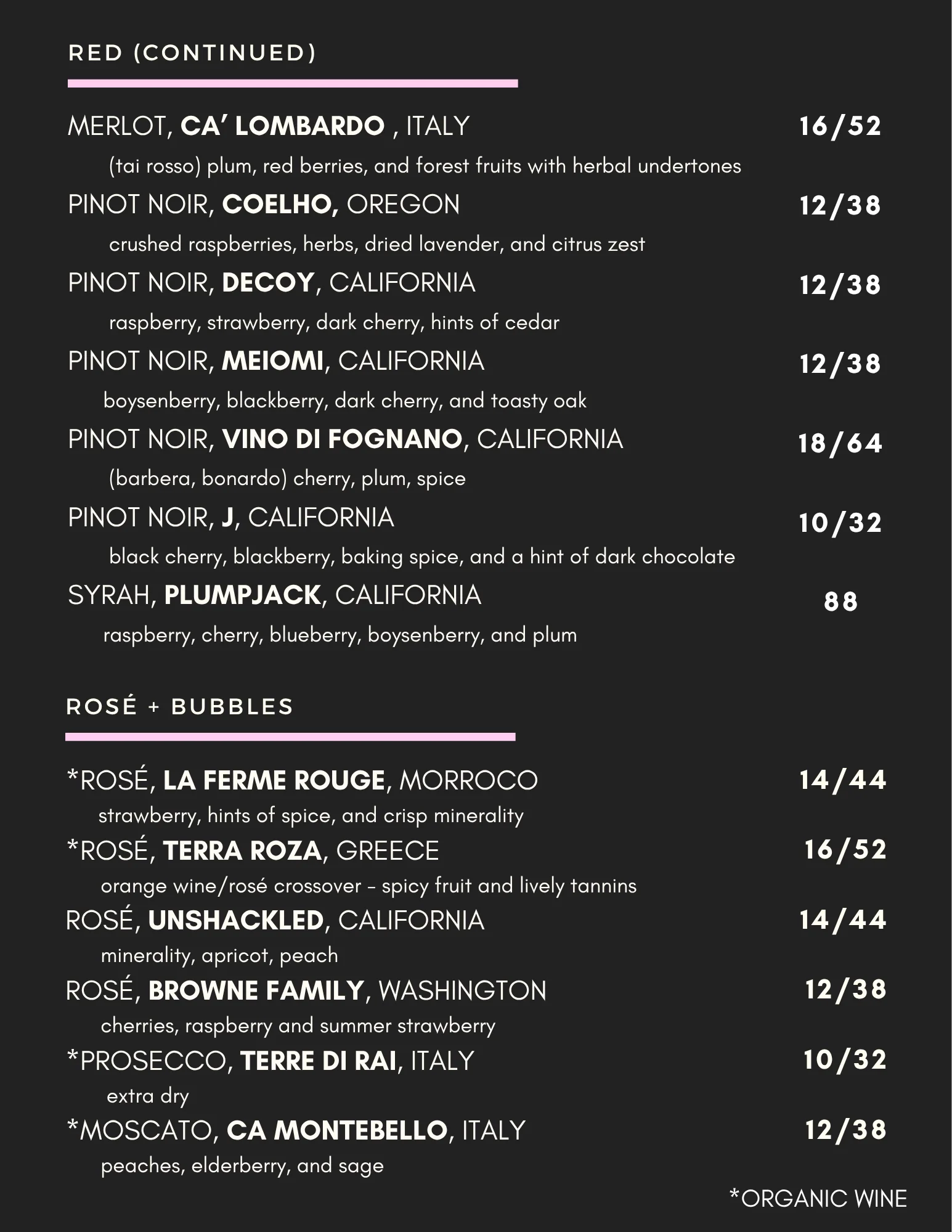 Wine list featuring red and rosé selections from various regions