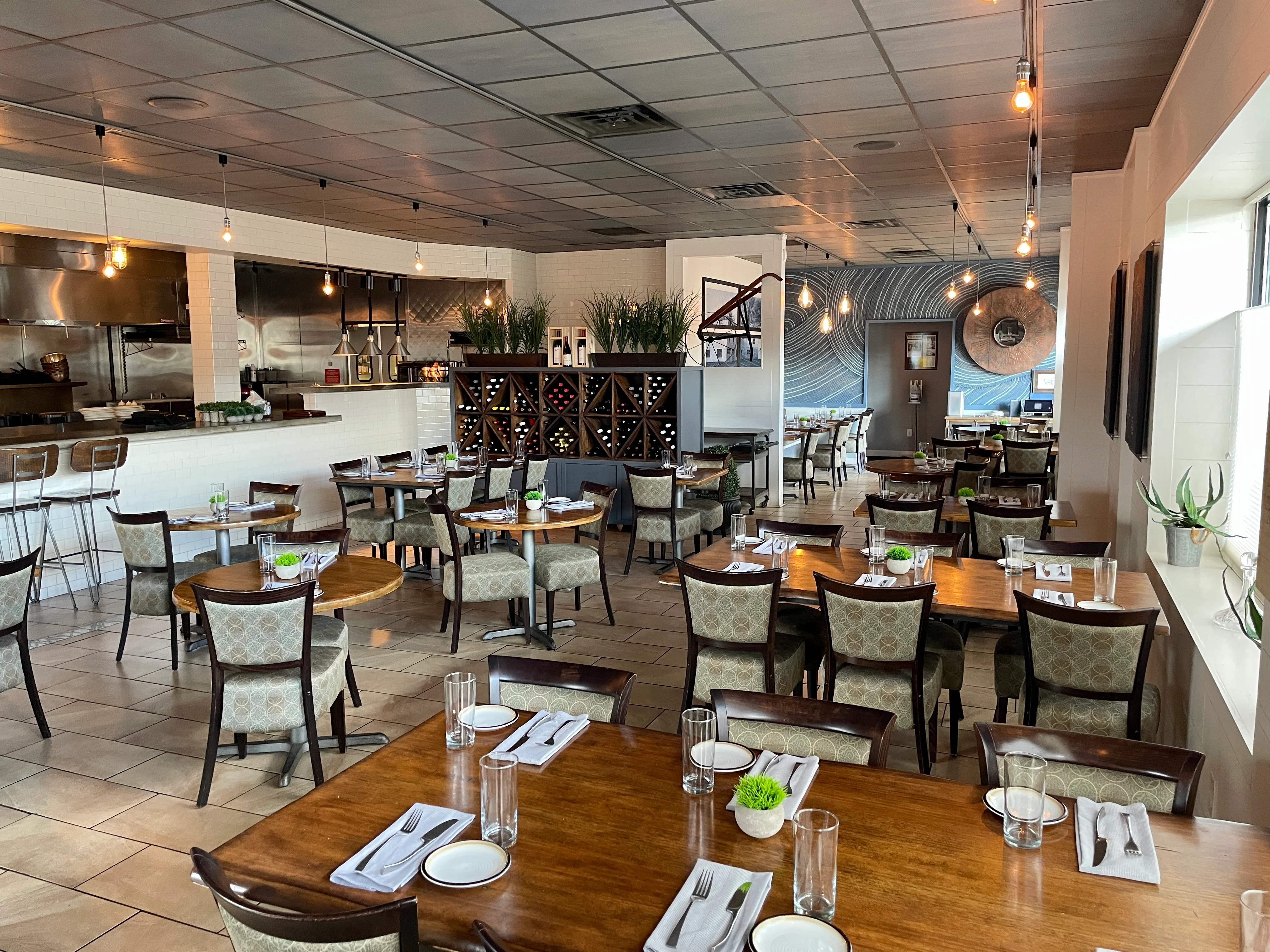 Modern restaurant interior with elegant seating and warm lighting